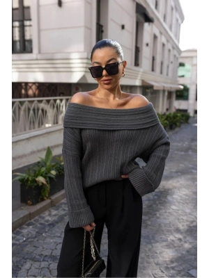 Degaje Madonna Yaka Fitilli Triko Kazak Antrasit