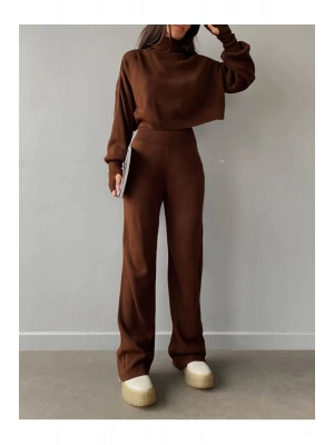 Crop El Geçmeli Balıkçı Yaka Kazak ve Yüksek Bel Triko Pantolon Alt Üst Antresit Triko Takım