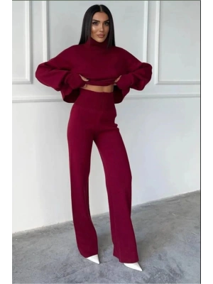 Crop El Geçmeli Balıkçı Yaka Kazak ve Yüksek Bel Triko Pantolon Alt Üst Antresit Triko Takım
