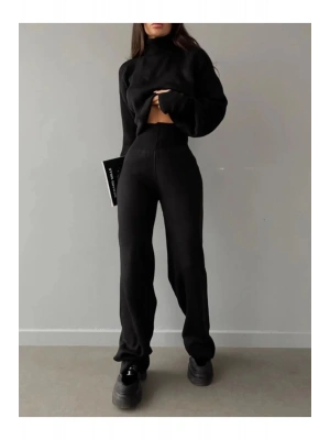 Crop El Geçmeli Balıkçı Yaka Kazak ve Yüksek Bel Triko Pantolon Alt Üst Antresit Triko Takım