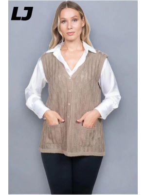 Kadın Orta Yaş Ve Üzeri Triko Örgü Düğmeli Koyu Haki Anne Yeleği