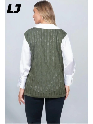 Kadın Orta Yaş Ve Üzeri Triko Örgü Düğmeli Koyu Haki Anne Yeleği