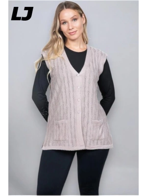 Kadın Orta Yaş Ve Üzeri Triko Örgü Düğmeli Koyu Haki Anne Yeleği