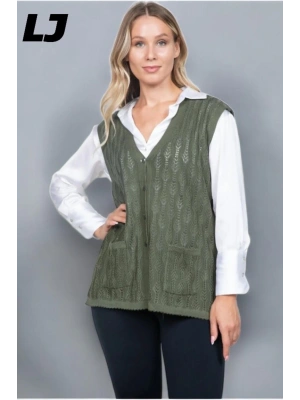 Kadın Orta Yaş Ve Üzeri Triko Örgü Düğmeli Koyu Haki Anne Yeleği