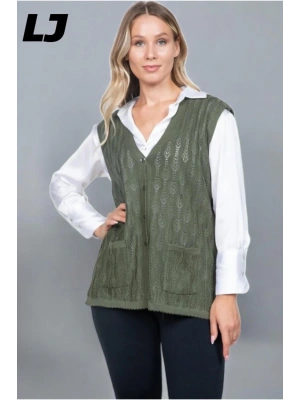 Kadın Orta Yaş Ve Üzeri Triko Örgü Düğmeli Koyu Haki Anne Yeleği