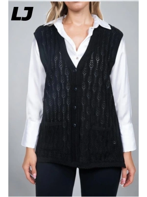 Kadın Orta Yaş Ve Üzeri Triko Örgü Düğmeli Koyu Haki Anne Yeleği