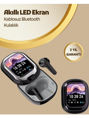 Akıllı Ekranlı Bluetooth 5.4 Kablosuz Kulaklık – Dokunmatik ve Şarj Kutulu