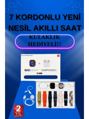Akıllı Saat 7 Kordonlu Kulaklık Hediyeli Nabız Ölçer Uyku Takibi Sesli Görüşme