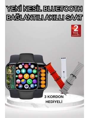 Akıllı Saat Arama Görüşme Bildirim Görme Uyku ve Sağlık Takibi Nabız Ölçer 3 Kordon Hediyeli