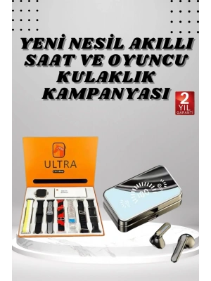 Aynalı Bluetooth Kulaklık ve 7 Kordonlu Akıllı Saat Dijital Göstergeli Uzun Pil Ömrü