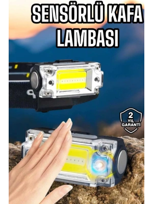 Beyaz Led Işık Sensörlü Kafa Lambası Lityum Batarya Led El Fenerli Şarjlı