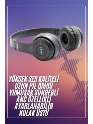 Bluetooth Kablosuz Kulaklık Siyah Wireless 5.0 Kulak Üstü Uzun Pil Ömrü