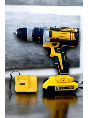 Çift Bataryalı Metal Dişli Darbeli Şarjlı Matkap Seti 24W Güç ve 24 Parça Aksesuar