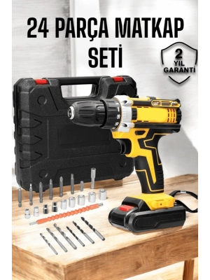 Çift Bataryalı Metal Dişli Darbeli Şarjlı Matkap Seti 24W Güç ve 24 Parça Aksesuar