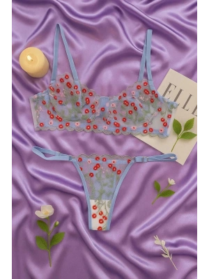 Dantel İşlemeli Çiçek Desenli Transparan Bralet & Tanga Takım - Mavi