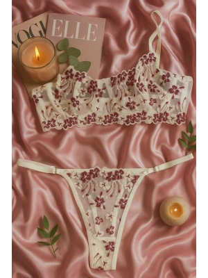 Dantel İşlemeli Transparan Çiçek Desenli Bralet ve String Takım