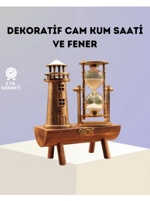 Dekoratif Ahşap Kum Saati ve Deniz Feneri Figürlü Masa Süsü – Şık ve Fonksiyonel Tasarım