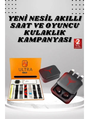 Dijital Göstergeli Powerbank Kablosuz Kulaklık ve 7 Kordonlu Yeni Nesil Akıllı Saat Dokunmatik Kontrol