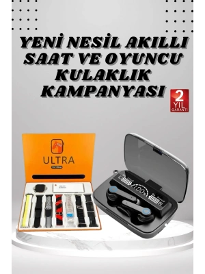 Dijital Göstergeli Powerbank Kulaklık ve 7 Kordonlu Yeni Nesil Akıllı Saat Amoled Ekran