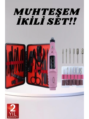 Elektrikli Manikür Pedikür Seti İkili Set 17 Parça Tırnak Bakımı Nasır Temizleme Tırnak Şekillendirme