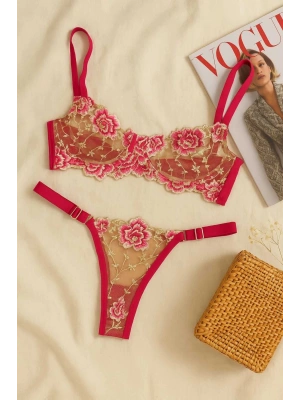 Fuşya Çiçek İşlemeli Transparan Bralet ve Tanga Takım