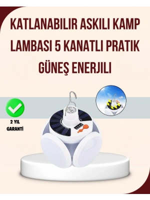 Güneş Paneliyle Şarj Olan Katlanabilir LED Çadır Lambası – 5 Kademeli Aydınlatma