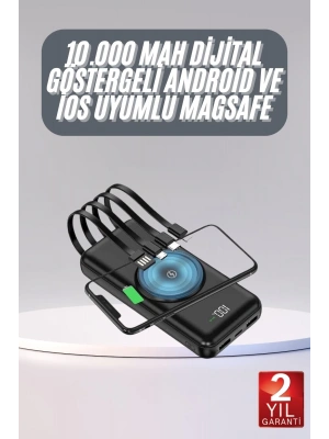 Kablosuz Çoklu Şarj Girişli 10.000 Mah Kablolu Powerbank Taşınabilir