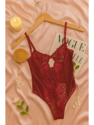 Kadın Bordo Transparan Tül Dantel İç Giyim