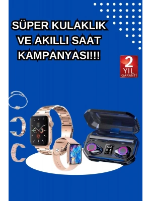 Kadınlar İçin 3 Kordonlu Akıllı Saat ve Dijital Göstergeli Powerbankli Bluetooth Kulaklık Dokunmatik Kontrol