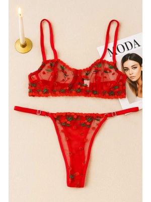 Kırmızı Kalp Desenli Transparan Tül Bralet Tanga Takım