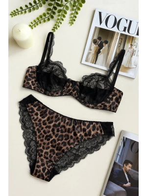 Leopar Desenli Dantel Detaylı Sütyen Külot Takımı - Şık İç Giyim Takımı