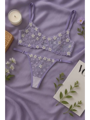 Lila Çiçek İşlemeli Transparan Dantel Sütyen & String Takım