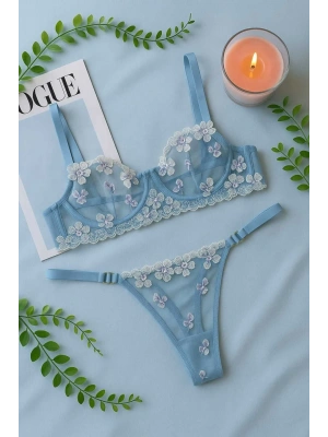 Mavi Çiçek İşlemeli Transparan Dantel Sütyen & String Takım