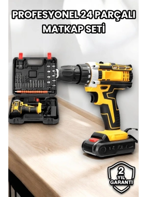 Metal Dişli 24W Akülü Matkap -Çift Bataryalı ve LED Çalışma Işığı ile Tam Set