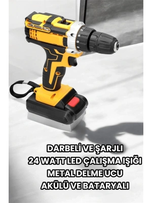 Metal Dişli 24W Akülü Matkap -Çift Bataryalı ve LED Çalışma Işığı ile Tam Set