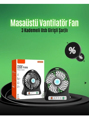 Mini USB Fan – Şarj Edilebilir, Işıklı, 3 Kademe, Taşınabilir Masaüstü Vantilatör