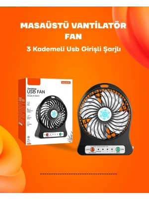 Mini Vantilatör Masaüstü – USB Girişli, Şarjlı, 3 Kademe, Sessiz Motor, Işıklı