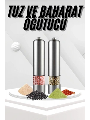 Pilli Tuz Ve Karabiber Öğütücü Baharat Değirmeni Tuzluk Pilli Işıklı Gri