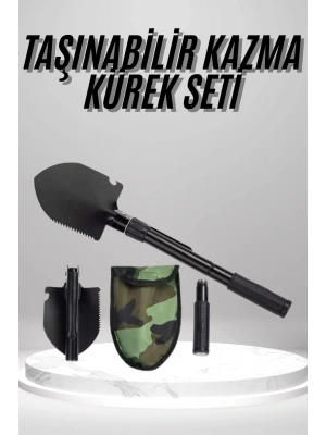 Pusulalı Katlanabilen Portatif Çantalı Mini Kazma Kürek Seti