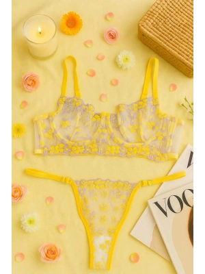 Sarı Çiçek İşlemeli Transparan Dantel Sütyen & String Takım