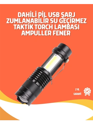 Şarjlı LED El Feneri - 14500 Pil Dahil, 4 Işık Modu, Mini Boy