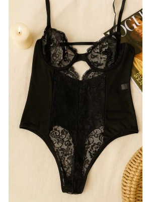 Siyah Dantel Detaylı Transparan Destekli Body Büstiyer