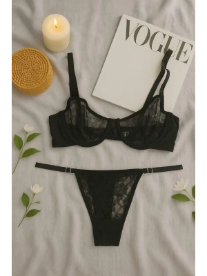 Siyah Dantel Transparan Sütyen String Takım