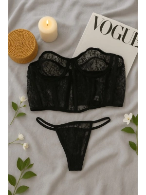Siyah Transparan Dantel Büstiyer ve Tanga İç Giyim Takımı