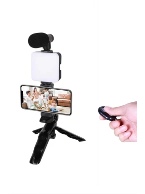Telefon Tutucu Led Işıklı Kumandalı Mikrofon Telefon Vlog Video Kayıt