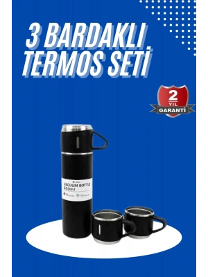 Termos Seti 3lü Bardak Seti Isı Dayanıklı Siyah Paslanmaz Çelik Vakumlu