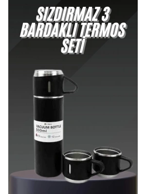 Termos Seti Paslanmaz Çelik 3 Bardaklı Vakumlu Termos Set 500 Ml 12 Saate Kadar Isı Koruma