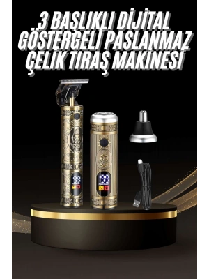 Tıraş Makinesi Pro 3 Başlıklı Dijital Göstergeli Saç Sakal Kulak ve Burun