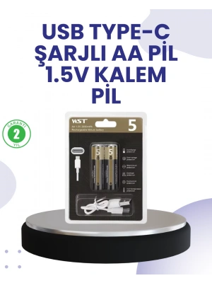 Type-C USB ile Hızlı Şarj Edilebilir AA Kalem Pil | 1.5V Lityum | Çiftli Paket