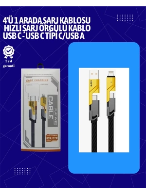 USB-C ve Lightning Uyumlu 4ü 1 Arada Kablo – 65W Hızlı Şarj, Örgülü Dayanıklı Yapı